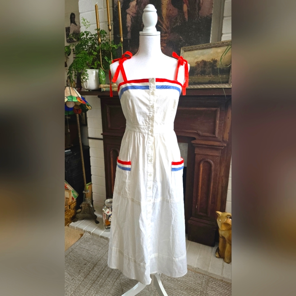 Tuckernuck White Midi Dress with Red and Blue Trim